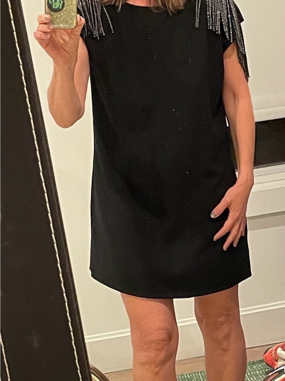Saint Laurent Black Crepe Mini Dress with Studded Leather Fringe Shoulders